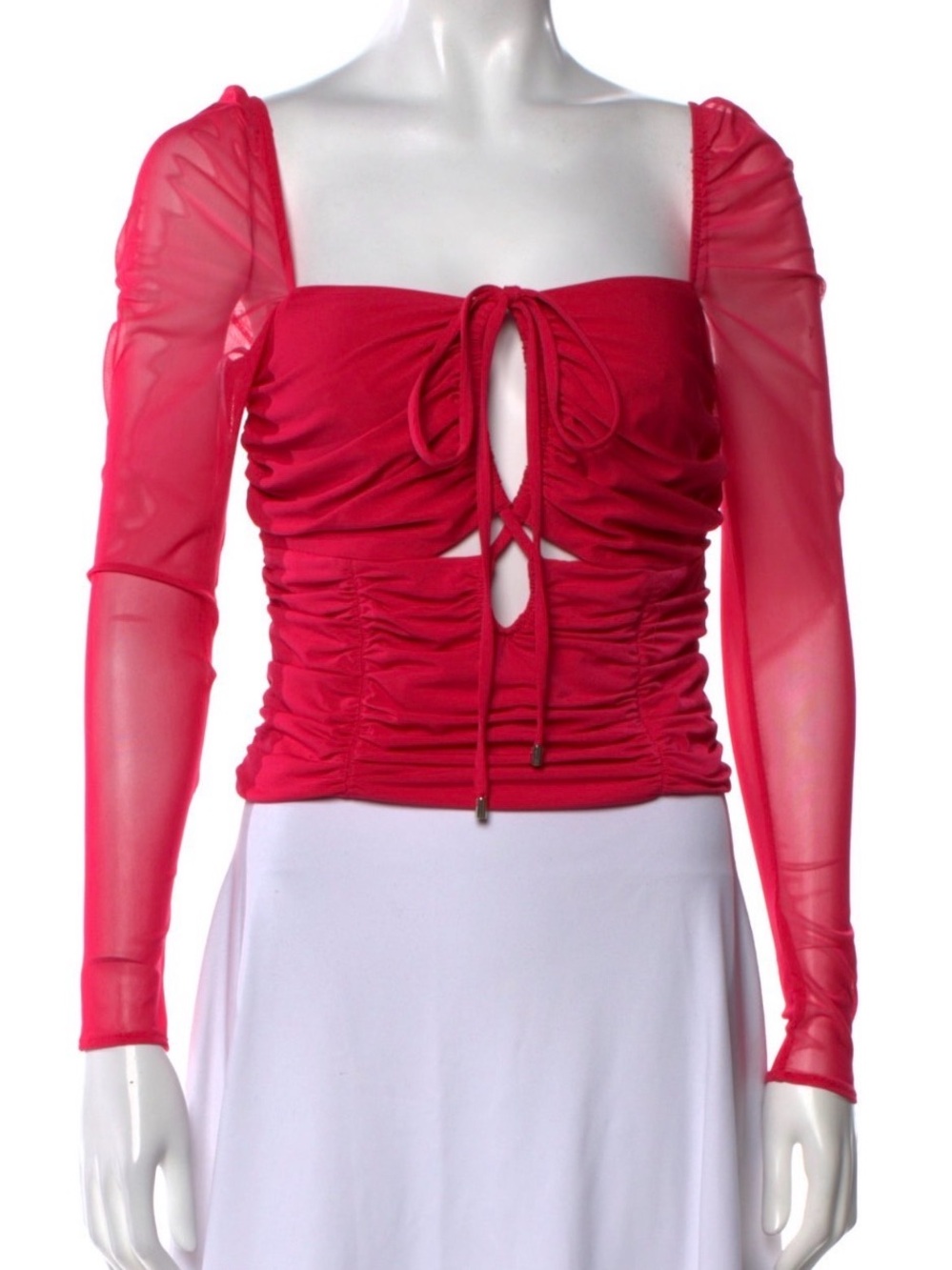 Self-Portrait Hot Pink Ruched Tie-Front Long Sleeve Crop Top